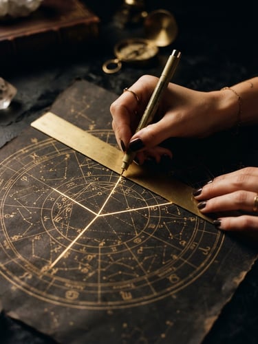 Close-up of hands drawing precise geometric lines on an astrological chart under low-key golden light, dark obsidian background, high-contrast luxury editorial, 35mm