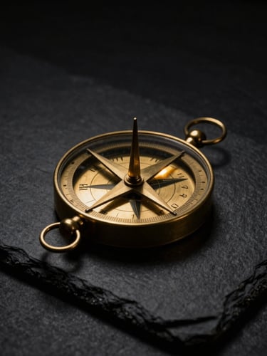 An ancient brass astrolabe resting on a dark slate surface, sharp golden light refracting through dark glass, low-key dramatic photography