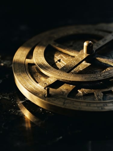 Low-key dramatic macro shot of a vintage brass astronomical astrolabe on a dark obsidian stone table, single-source golden light refraction cutting through deep shadows, high-contrast luxury editorial, 35mm