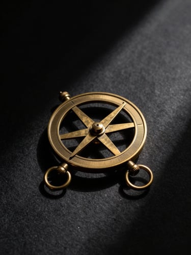 Macro shot of a vintage brass astrolabe on heavy black paper, single-source golden light cutting through deep shadows, low-key dramatic photography, high-contrast luxury editorial, 35mm