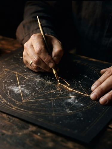 A close-up of hands drawing precise geometric lines on dark astronomical charts, low-key single-source golden light, 35mm