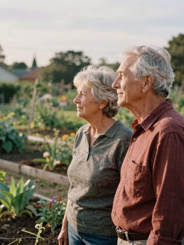An environmental portrait of an elderly couple looking out over a community garden, warm late afternoon sun, rich muted tones, authentic human connection.