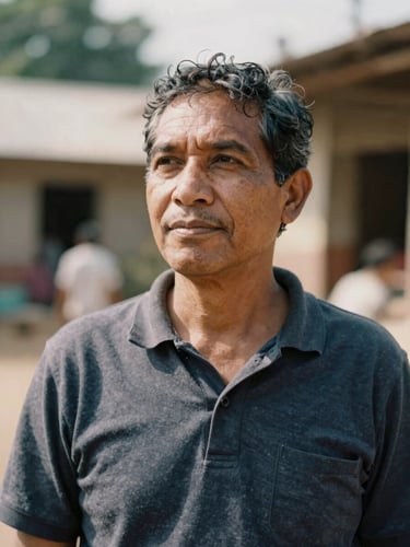 Environmental portrait of a local community leader in warm natural daylight, looking thoughtfully off-camera, rich muted tones, medium format film.