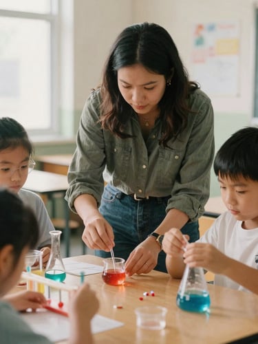 A warm environmental portrait of an educator guiding young students through a hands-on science experiment in a bright classroom, soft natural daylight, rich muted tones, authentic interaction.