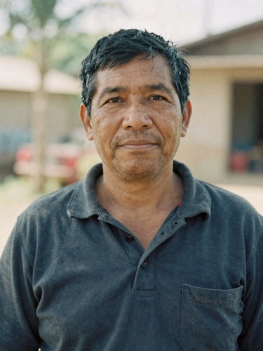 A medium-wide environmental portrait of a local community leader in warm natural daylight, rich muted tones, medium format film style, showing authentic human connection and quiet dignity.