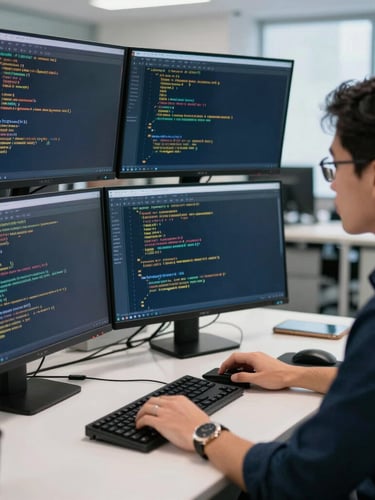 A software developer in a clean, modern Singapore office analyzing complex logistics code on multiple vertical monitors, cool low-temperature lighting, sharp focus on the screens.