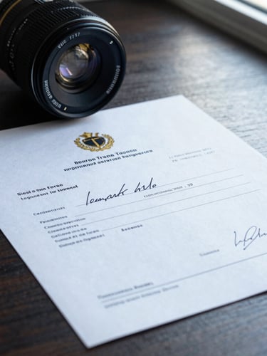 Macro photograph of signed international trade certificates and customs documents on a dark wooden desk, cool daylight from a window, high contrast, 35mm lens