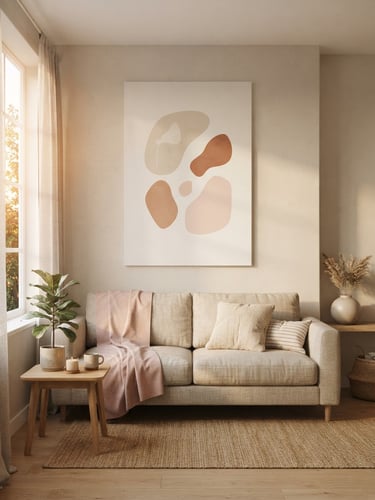 Scandinavian living room with a large vertical canvas mockup above a linen sofa, gentle morning sun, warm shadows, clean minimalist composition, 35mm