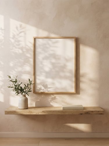 Straight-on architectural shot of a sunlit minimalist room, empty wooden frame resting on a textured plaster wall, soft morning shadows cast by olive leaves, beige and powder pink tones, 35mm