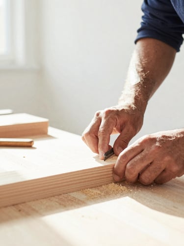 Close-up of a French artisan carpenter working with wood in a sunlit workshop, sawdust flying in the air, natural daylight, focus on hands and tools, clean white background, professional 35mm.