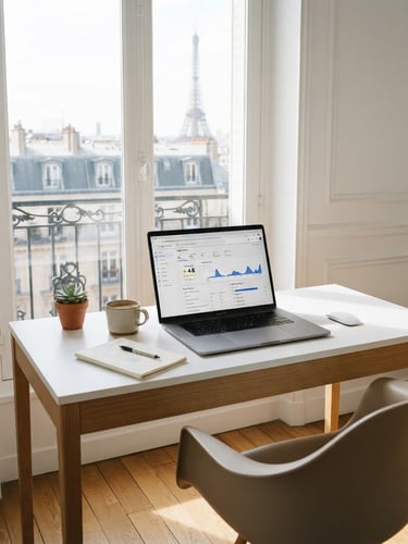 Sleek modern workspace in Paris, bright natural daylight, clean white desk with a laptop displaying a Google reviews dashboard, professional 35mm photography