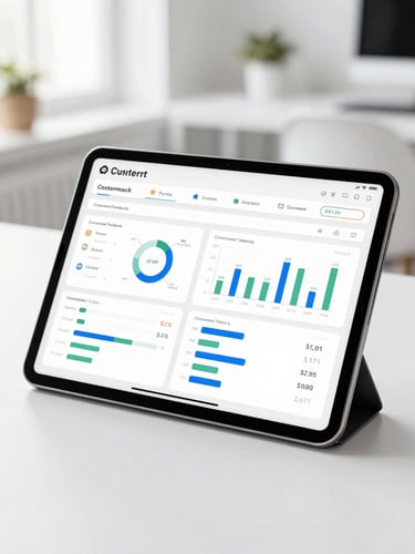 A close-up of a high-end digital tablet displaying a clean business dashboard with positive customer feedback analytics, set against a bright, minimalist corporate office backdrop, daylight, soft shadows.