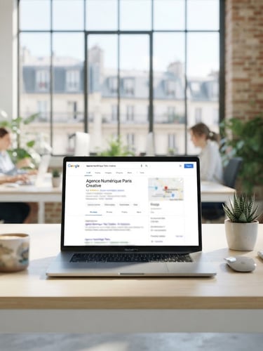 Sleek modern digital agency workspace in Paris, bright natural daylight, a clean white desk with a laptop displaying a positive Google business profile, soft shadows, professional 35mm.