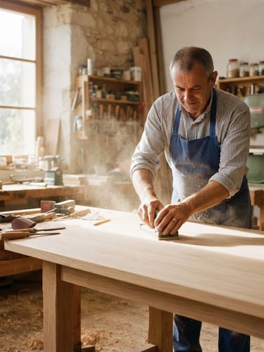 A French carpenter in his sunny workshop, focused on sanding a light oak table, sawdust in the air, warm side lighting, professional 35mm photo