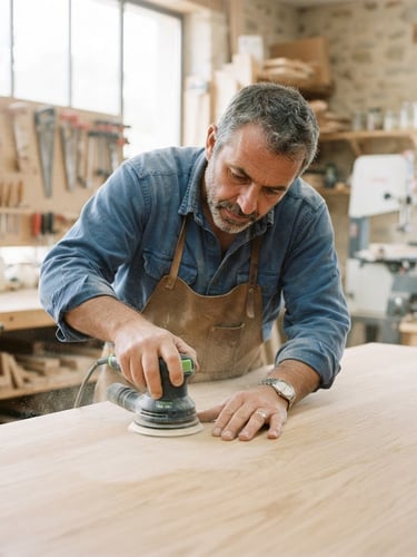 Close-up of a French carpenter in a bright workshop, focused on sanding a light oak table, soft natural daylight, professional 35mm photography