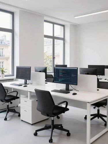 Bright modern digital agency office in Paris, clean white desks, large windows with soft natural daylight, developer screens showing code, minimalist workspace