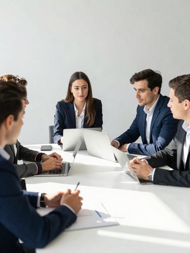 Bright editorial photography of a collaborative meeting in a modern French agency, young professionals discussing around a clean table, daylight, soft shadows, professional 35mm.