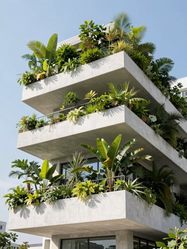 Architectural vertical garden on a concrete luxury balcony, bright natural daylight, crisp green and clean white tones, high-end editorial photography