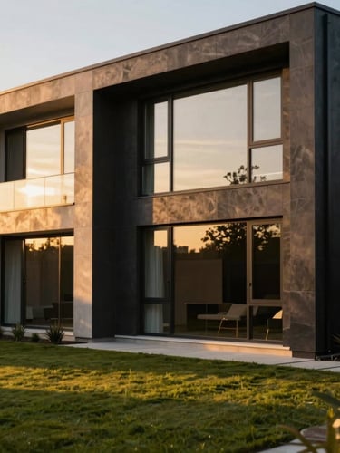 Premium editorial photograph of a luxury modern home in Birmingham, warm golden-hour sunlight reflecting off large glass windows, manicured lawn, shallow depth of field, 35mm