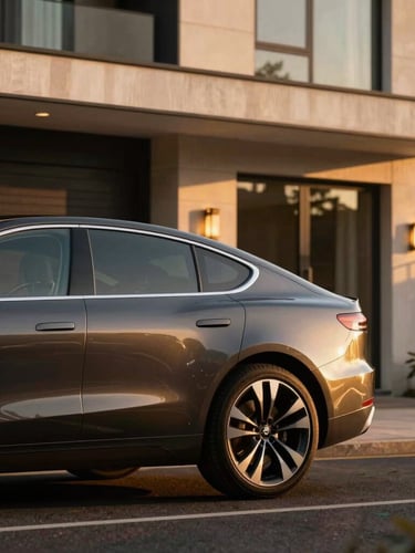 A modern luxury vehicle parked in front of an elegant contemporary Birmingham estate, soft golden hour side-lighting