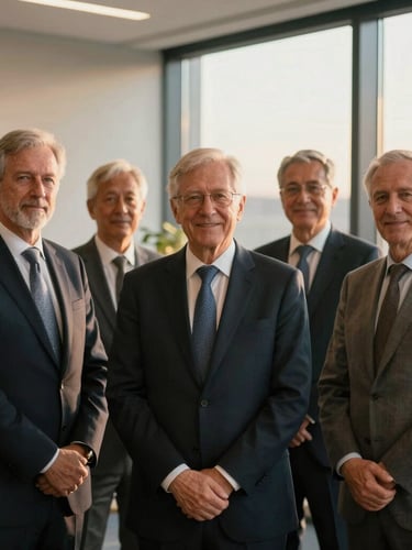 A professional portrait of senior insurance advisors in a modern Birmingham office, warm golden-hour light filtering through large windows, shallow depth of field, 35mm