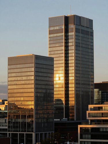 Premium architectural shot of Birmingham skyline at golden hour, warm light reflecting off glass facades, elegant composition, 35mm