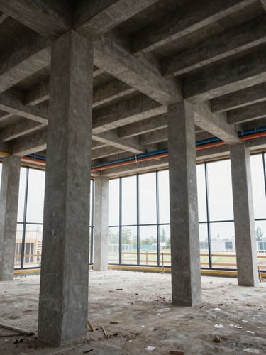 Wide-angle documentation of a commercial shell mid-construction—structural columns in the foreground, coordinated MEP services routed across the ceiling mid-span, daylight entering through full-height glazing on the far wall, no workers visible, forensic and exact