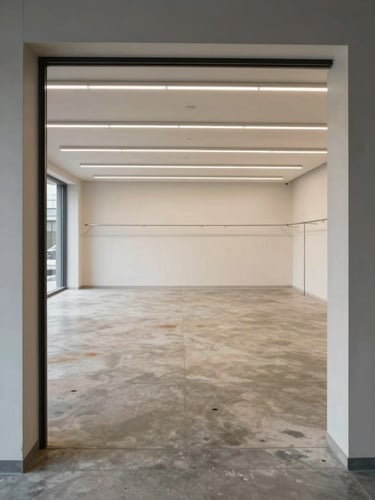 Wide-angle left-edge bleed of a completed retail commercial interior — polished concrete floor receding to far wall, ceiling track lighting in precise parallel rows, structural columns framing the space, shot in balanced daylight from the entry threshold, no people, forensic and exact
