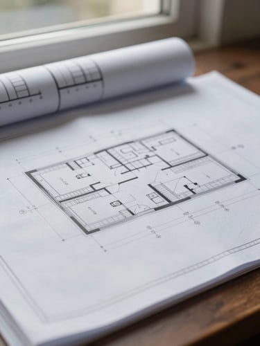 Extreme close-up of a folded architectural blueprint spread across a site table, measurement annotations and grid lines in sharp focus, daylight-balanced illumination from a high window, deep navy and white paper tones, no people visible