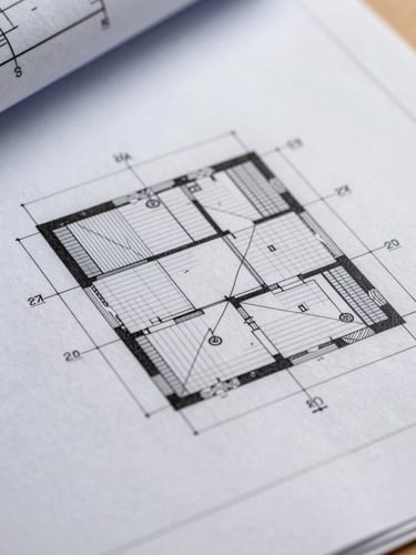 Extreme close-up of a technical architectural blueprint laid flat, pencil measurement marks and dimension lines visible across structural grid lines, daylight-balanced studio lighting, forensic overhead framing with sharp geometric detail