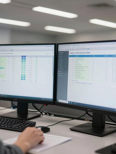 Close-up of dual-monitor setup in a corporate security operations center, displaying complex Oracle Cloud Security Console dashboards with clean data nodes, bright fluorescent lighting, sharp straight-on angle.