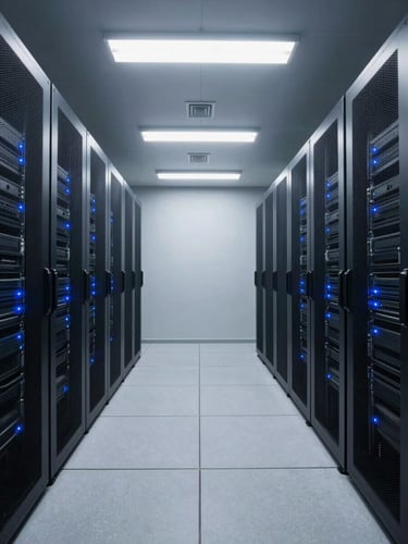 Straight-on architectural shot of a clean, modern enterprise server room with cool fluorescent lighting, blue status lights blinking on server racks, expansive negative space.