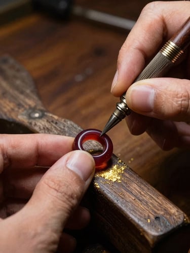 A dramatic close-up of a bench-jeweler's hands carving a wax ring mold under warm side-lighting, gold dust on the dark wooden workbench, macro lens, shallow depth of field.