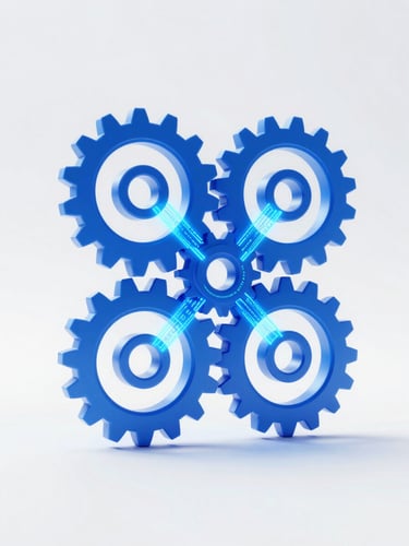 Macro 3D render of a futuristic glowing blue mechanical gear assembly intersecting with glowing digital code lines, high-key studio lighting, clean white background, octane render, 8k