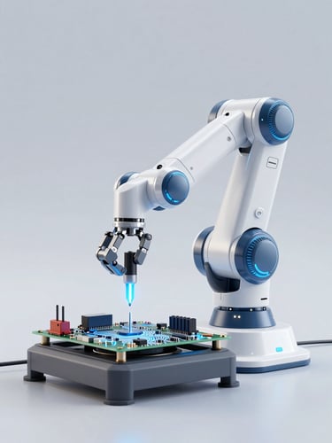 A futuristic 3D render of a white robotic arm assembling a miniature circuit board, electric blue glowing accents, clean studio lighting, high-tech engineering aesthetic, octane render, 8k