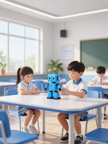 A bright, modern school classroom with children assembling a small blue toy robot, warm sunlight from a window, clean high-tech educational setting, 3d render style, 8k