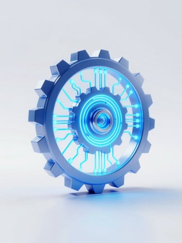 A crisp 3D render of a futuristic holographic gear and circuitry glowing with electric blue light, set against a clean slate background, high-tech corporate aesthetic, octane render, 8k