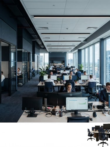Modern office interior at CMJ Business, glass walls, clean desks with dual monitors, professional setting, cool natural light, architectural lines, deep navy and slate tones, wide panoramic.