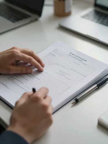 Close-up of hands turning pages of a paper MDS form on a clinical desk, soft daylight from the right, pen resting beside the form, documentation detail visible, quiet administrative workspace