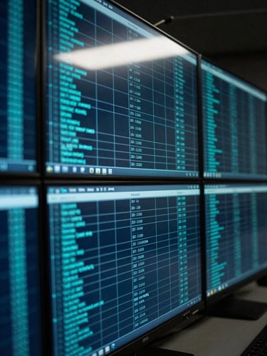 Close-up of a live command-interface monitor in a darkened operations room, cyan data streams and grid overlays reflecting on a glass surface, high-contrast cool studio lighting, tight architectural framing