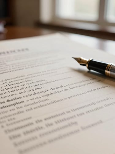 Macro shot of structured legal documents on high-quality cream paper, a classic fountain pen resting on the side, soft natural light from a window, warm academic atmosphere.