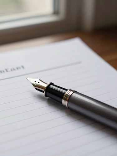 Macro shot of a classic fountain pen resting on structured high-weight legal paper, soft natural side lighting from an office window, shallow depth of field.
