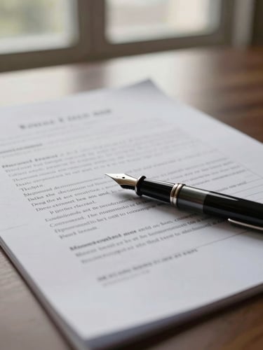 Close-up of structured legal documents, fountain pen on high-quality heavy paper, natural soft side light from an afternoon office window, quiet academic atmosphere.