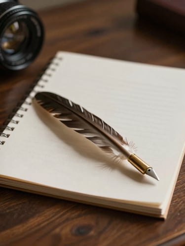 Primer plano macro de documentos legales estructurados sobre un escritorio de madera oscura, una pluma estilográfica clásica reposando al lado, iluminación natural lateral suave y difusa emulando un despacho de estudio clásico.