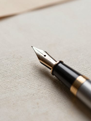 Macro photograph of a vintage fountain pen resting on structured linen paper, soft natural side lighting, warm tones, shallow depth of field.