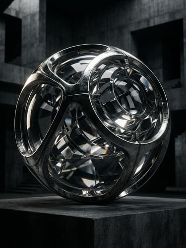 Kinowy render 3D, zbliżenie na lśniącą metaliczną kulę z refrakcjami szkła, dramatyczne oświetlenie studyjne, głębokie cienie, brutalistyczne tło architektoniczne, 8k