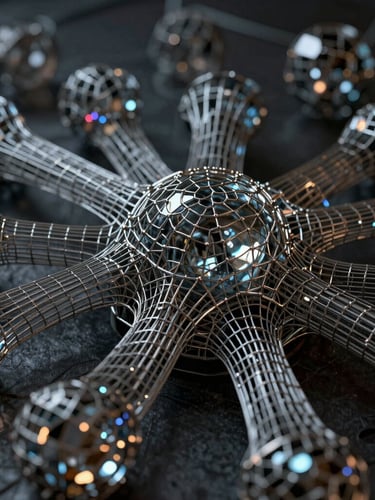 Close-up of complex mesh wireframe, dramatic studio lighting, hyper-detailed textures, metallic and glass refractions, dark moody atmosphere, 8k