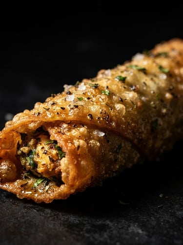 Macro shot of golden, crispy Soul Rolls, glistening with seasoning, on a deep black background with dramatic chiaroscuro lighting, shallow depth of field.