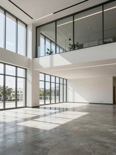 Wide-angle architectural shot of a newly finished commercial office interior in Miami, clean geometric lines, bright natural daylight streaming through large windows, polished concrete flooring.