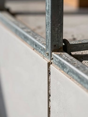 Close-up macro shot of clean commercial tile joints and metal framing on a South Florida construction site, bright natural lighting, precise alignment.